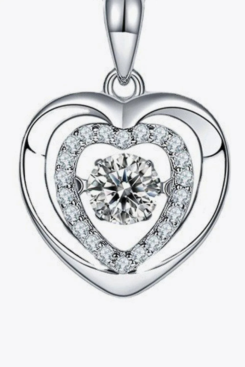 Moissanite heart-shaped pendant necklace in 925 sterling silver with a platinum-plated finish and zircon accent stones