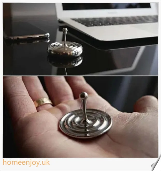 A precision-engineered, perpetually spinning desk gyroscope with a captivating, slow-motion sliding action