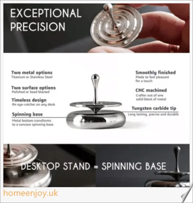A precision-engineered, perpetually spinning desk gyroscope with a captivating, slow-motion sliding action