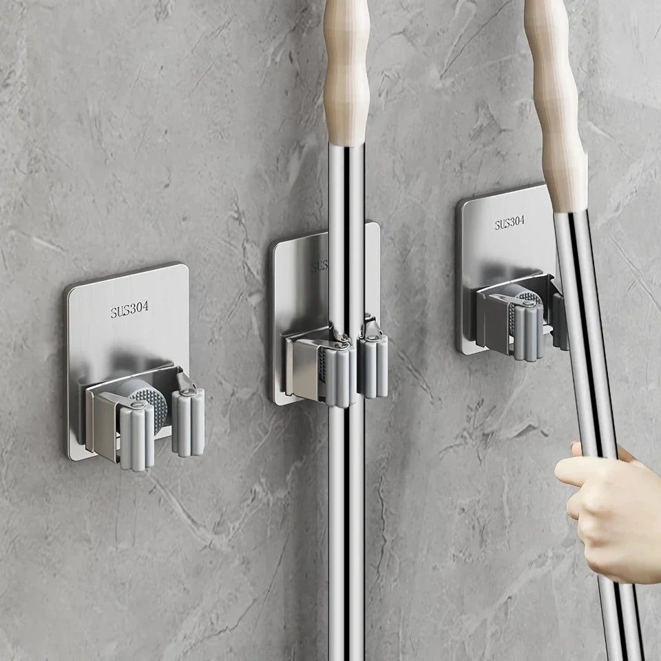 Multi-Purpose Adhesive Wall Hanging Mop Rack and Broom Holder for Organised Storage of Cleaning Supplies
