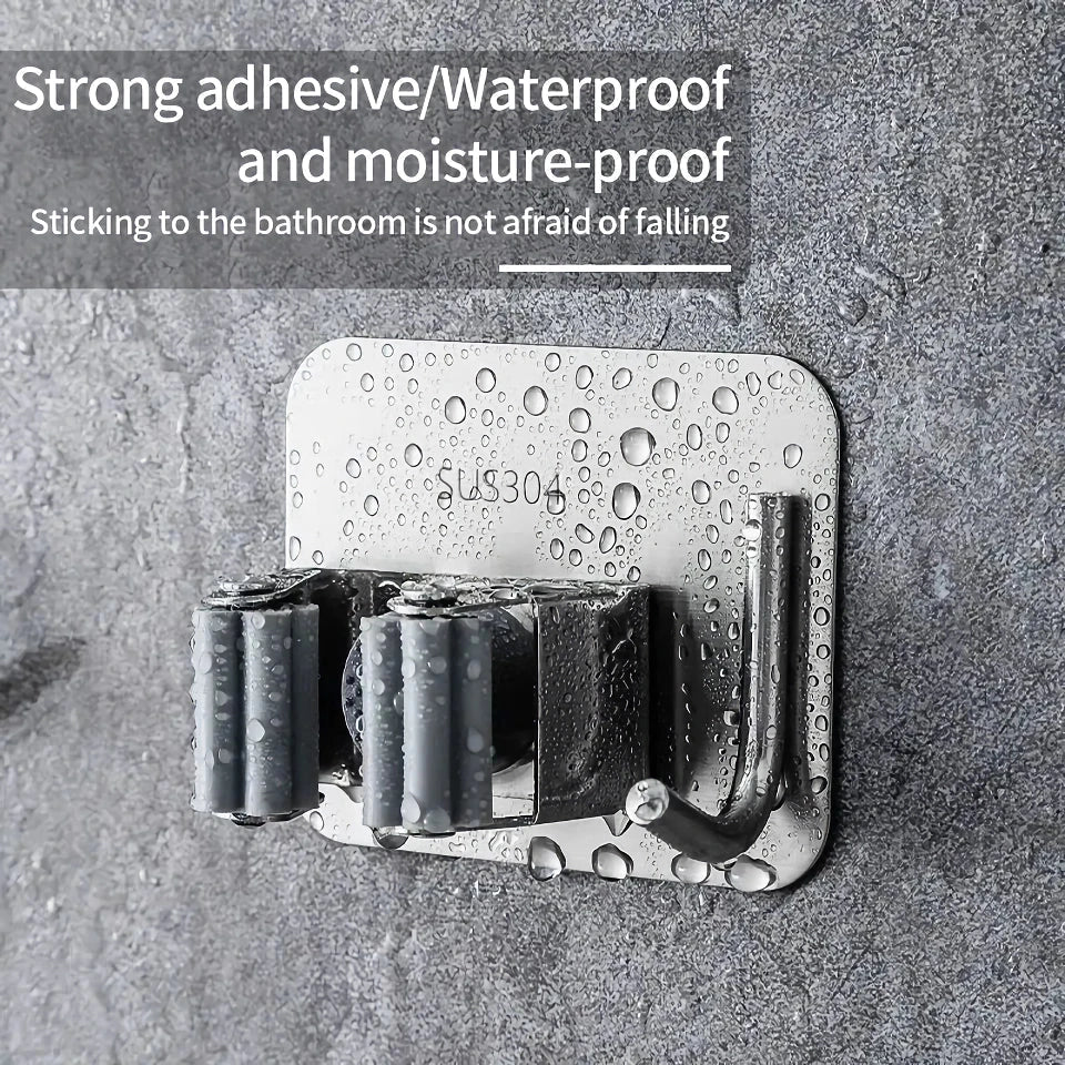 Multi-Purpose Adhesive Wall Hanging Mop Rack and Broom Holder for Organised Storage of Cleaning Supplies