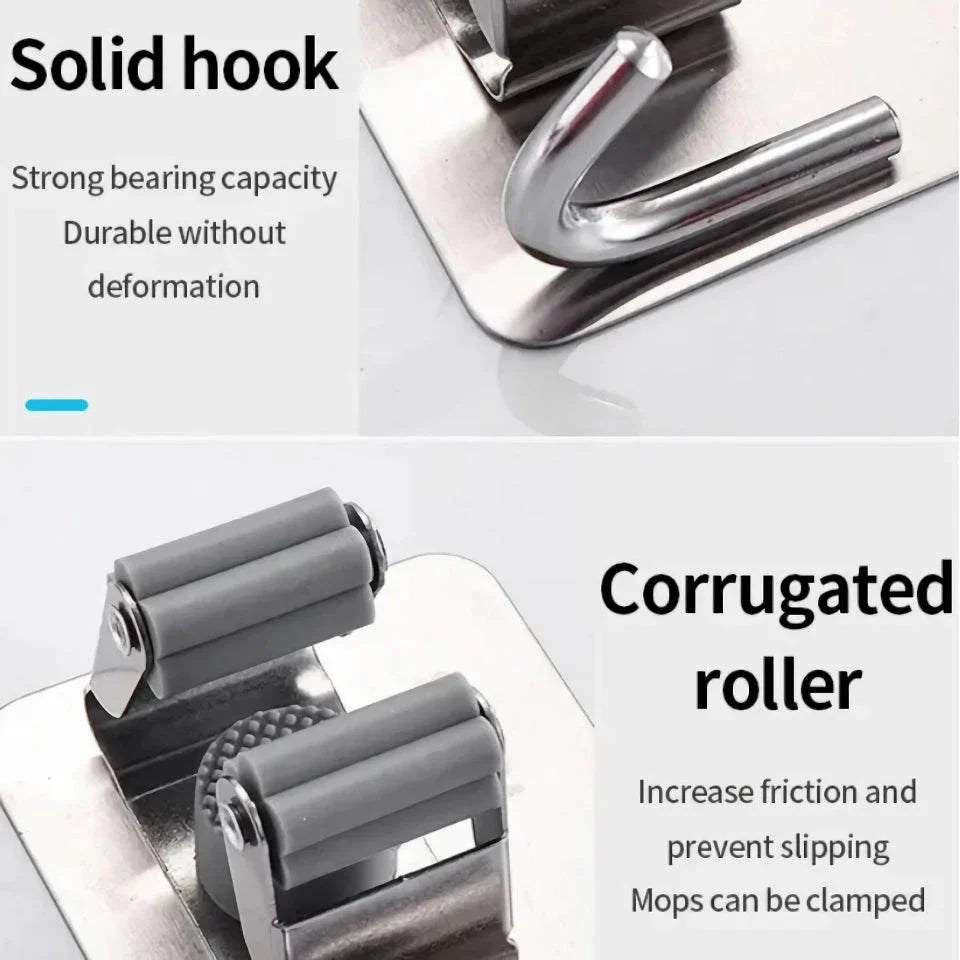 Multi-Purpose Adhesive Wall Hanging Mop Rack and Broom Holder for Organised Storage of Cleaning Supplies