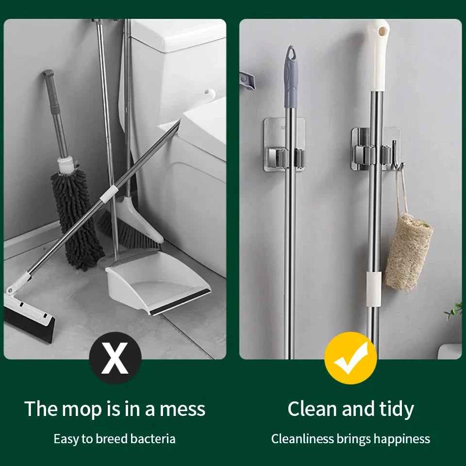 Multi-Purpose Adhesive Wall Hanging Mop Rack and Broom Holder for Organised Storage of Cleaning Supplies