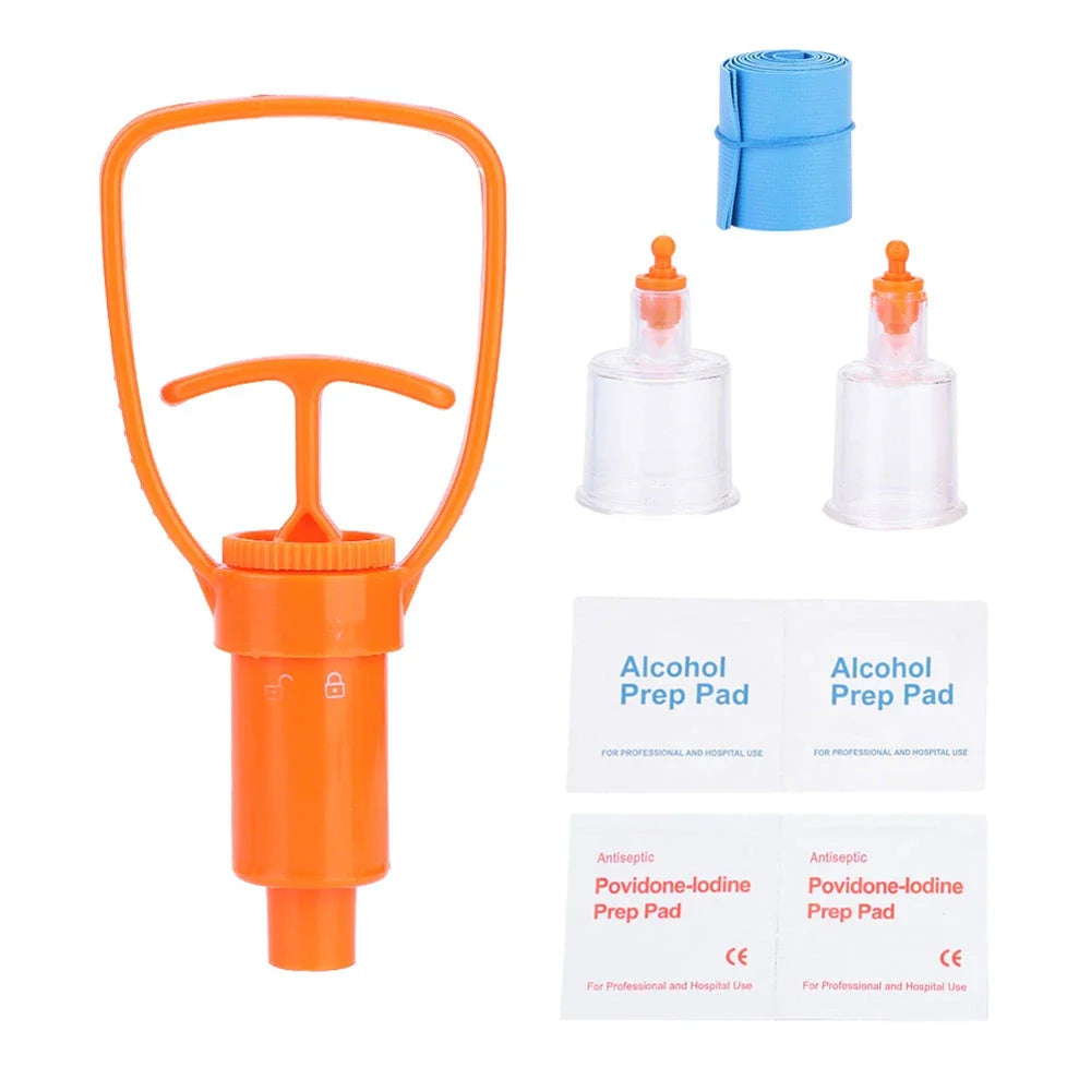 Orange outdoor venom extractor suction pump with first aid accessories for hiking, camping, and wilderness adventures