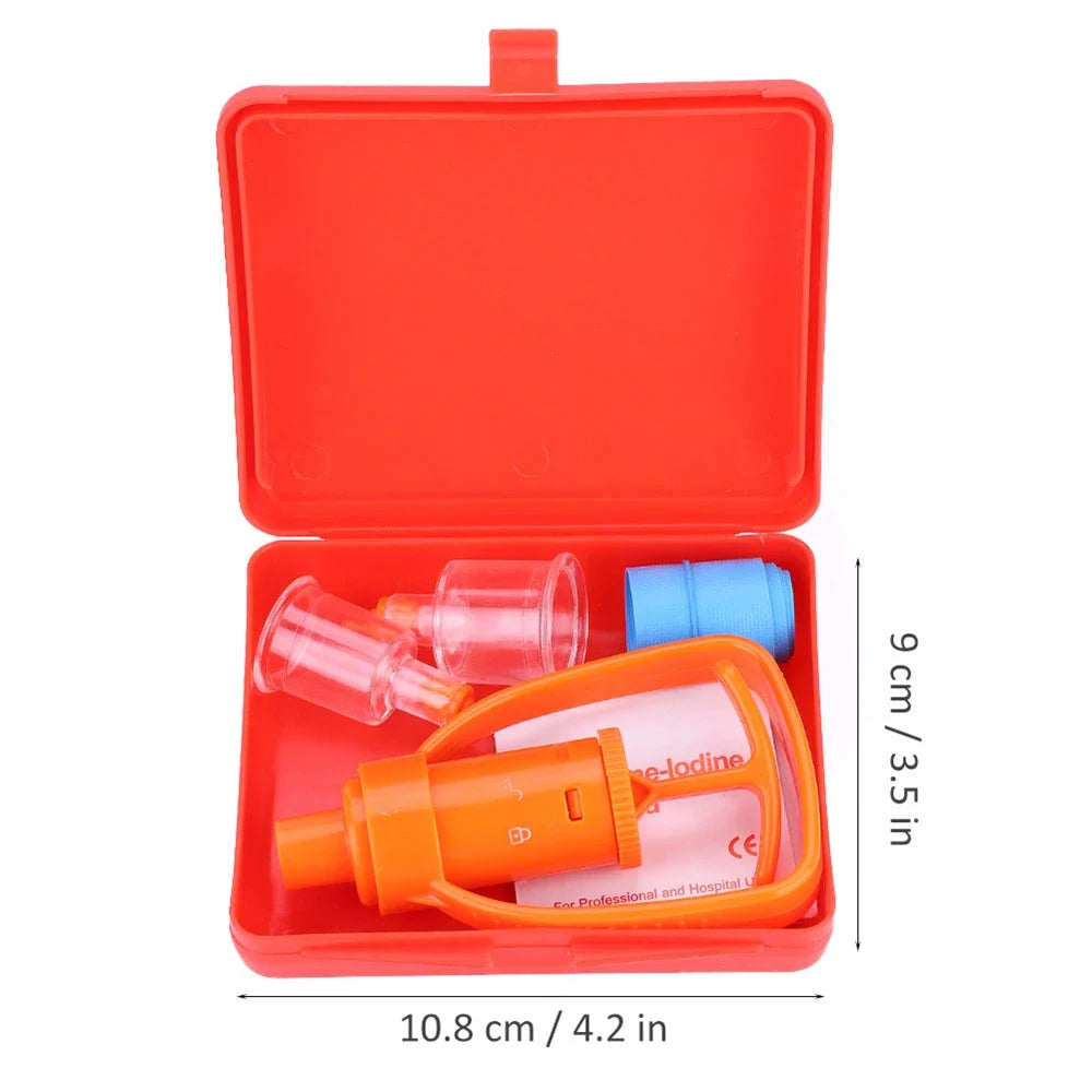 Orange outdoor venom extractor suction pump with first aid accessories for hiking, camping, and wilderness adventures