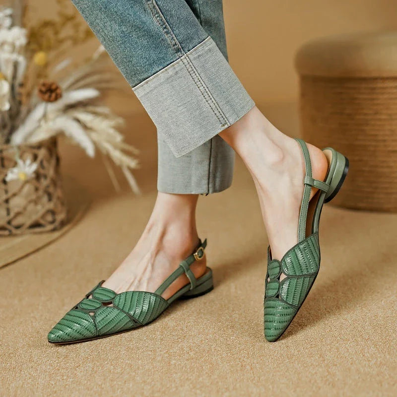Chic pointed toe slingback sandals in khaki colour, featuring a low square heel and elegant leather design.