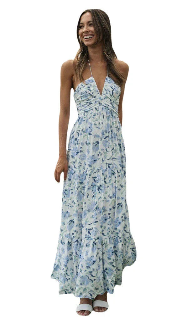 Chiffon V-neck Sleeveless Long Patchwork Dress in blue and orange colours, featuring a flowing silhouette and unique patchwork design