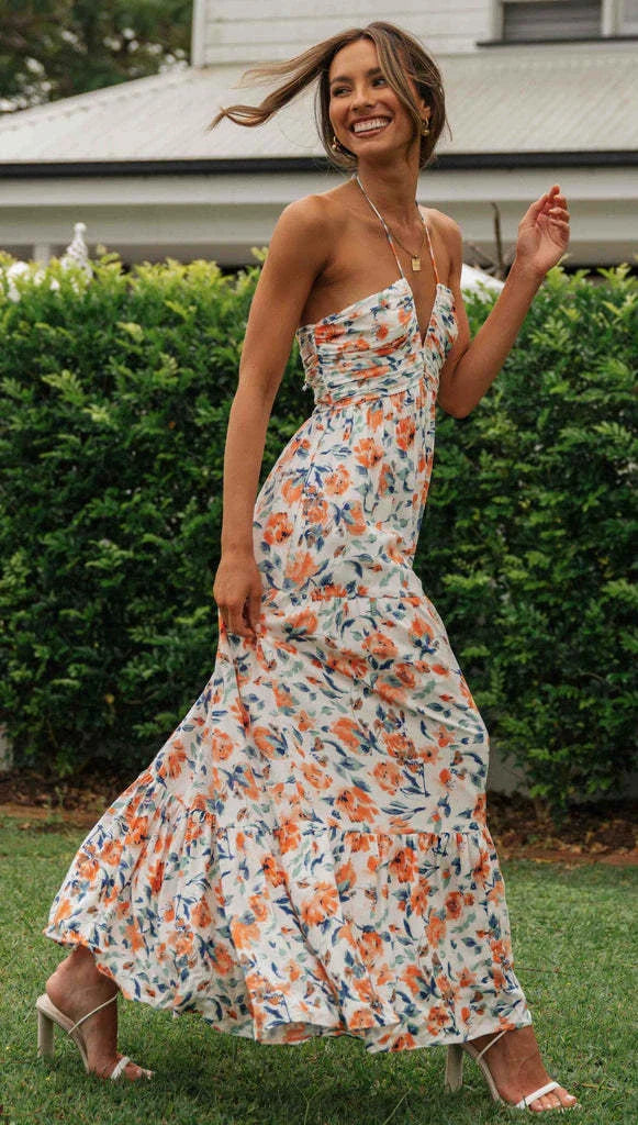 Chiffon V-neck Sleeveless Long Patchwork Dress in blue and orange colours, featuring a flowing silhouette and unique patchwork design