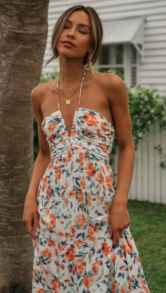 Chiffon V-neck Sleeveless Long Patchwork Dress in blue and orange colours, featuring a flowing silhouette and unique patchwork design
