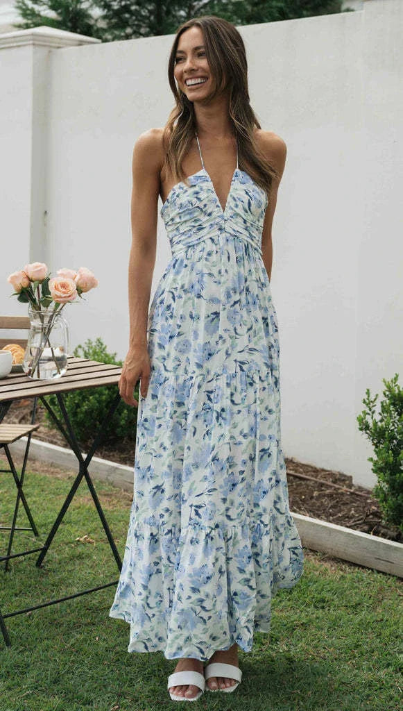 Chiffon V-neck Sleeveless Long Patchwork Dress in blue and orange colours, featuring a flowing silhouette and unique patchwork design