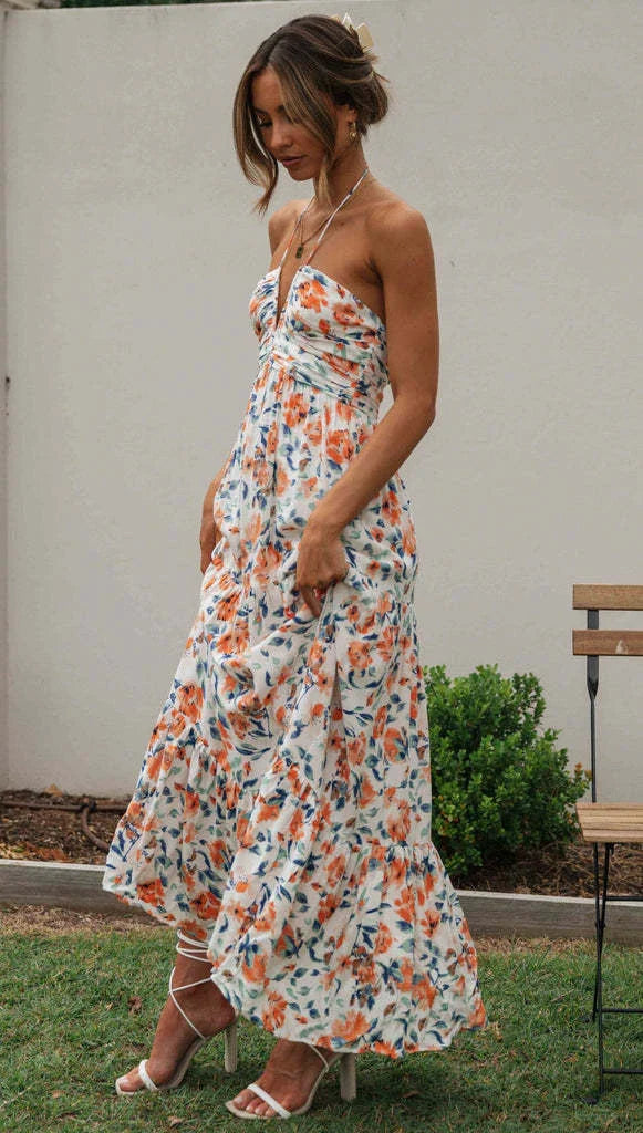 Chiffon V-neck Sleeveless Long Patchwork Dress in blue and orange colours, featuring a flowing silhouette and unique patchwork design