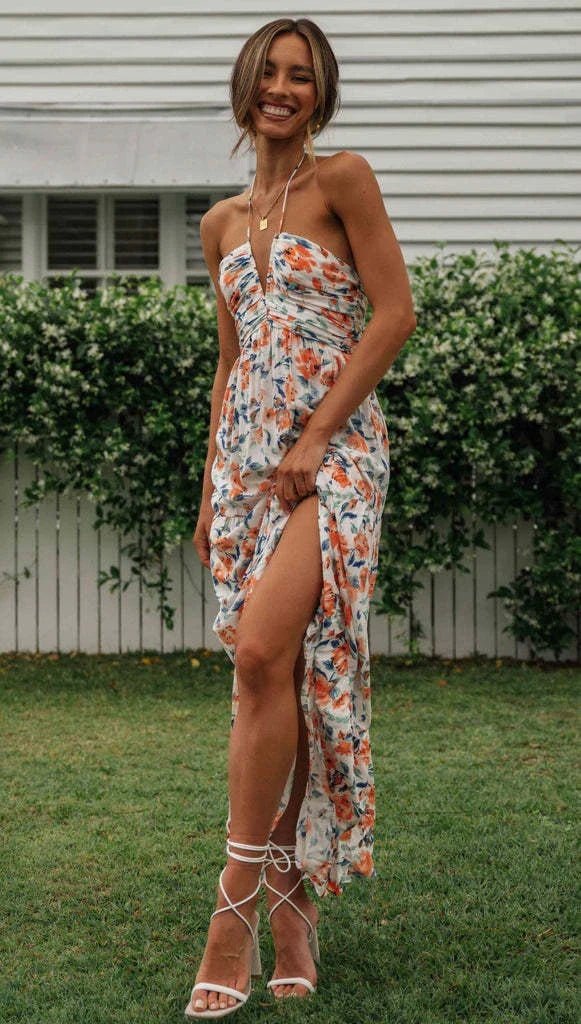 Chiffon V-neck Sleeveless Long Patchwork Dress in blue and orange colours, featuring a flowing silhouette and unique patchwork design