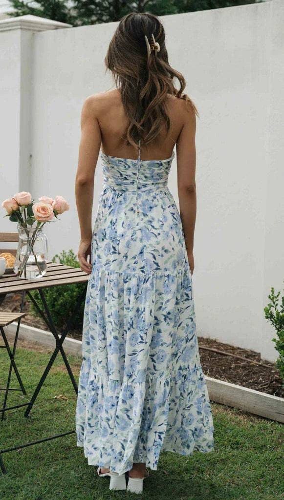 Chiffon V-neck Sleeveless Long Patchwork Dress in blue and orange colours, featuring a flowing silhouette and unique patchwork design