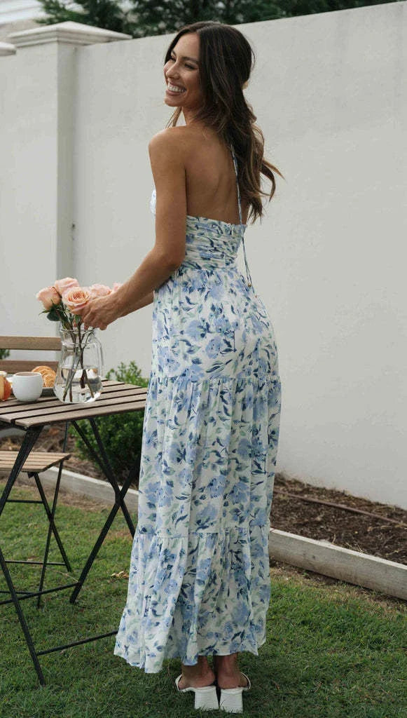 Chiffon V-neck Sleeveless Long Patchwork Dress in blue and orange colours, featuring a flowing silhouette and unique patchwork design