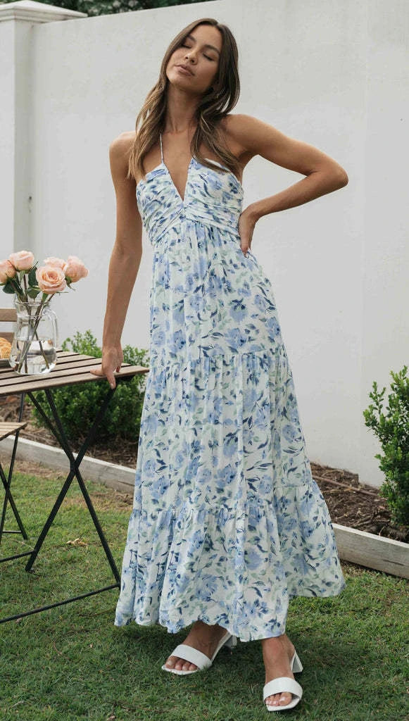 Chiffon V-neck Sleeveless Long Patchwork Dress in blue and orange colours, featuring a flowing silhouette and unique patchwork design