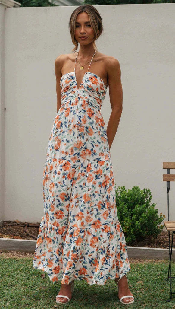 Chiffon V-neck Sleeveless Long Patchwork Dress in blue and orange colours, featuring a flowing silhouette and unique patchwork design