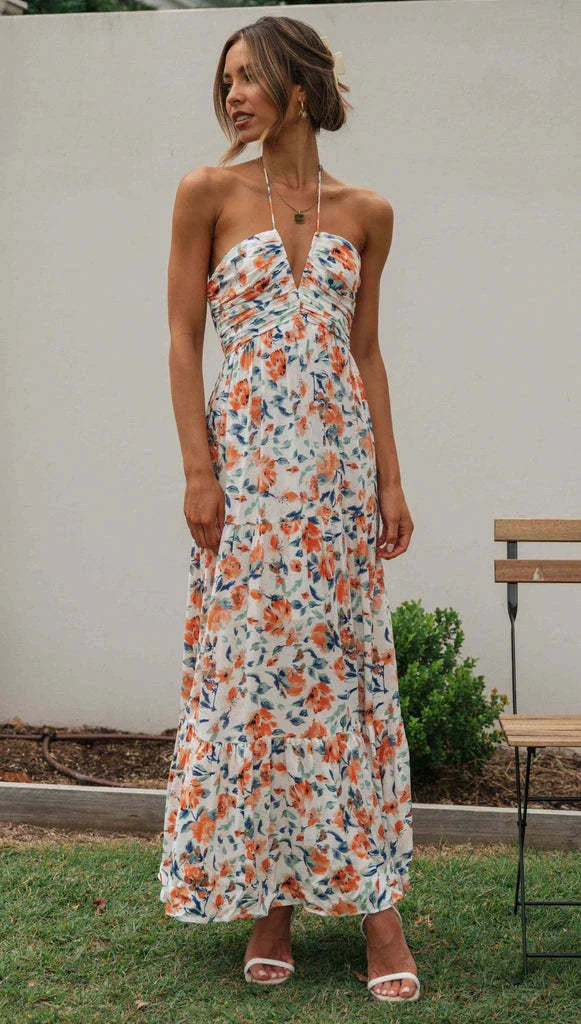 Chiffon V-neck Sleeveless Long Patchwork Dress in blue and orange colours, featuring a flowing silhouette and unique patchwork design