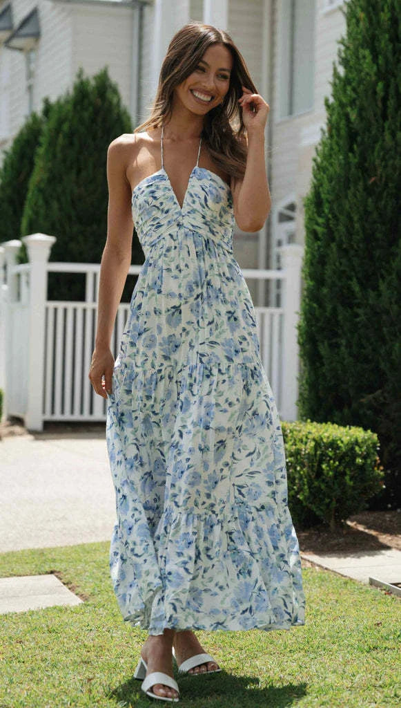 Chiffon V-neck Sleeveless Long Patchwork Dress in blue and orange colours, featuring a flowing silhouette and unique patchwork design