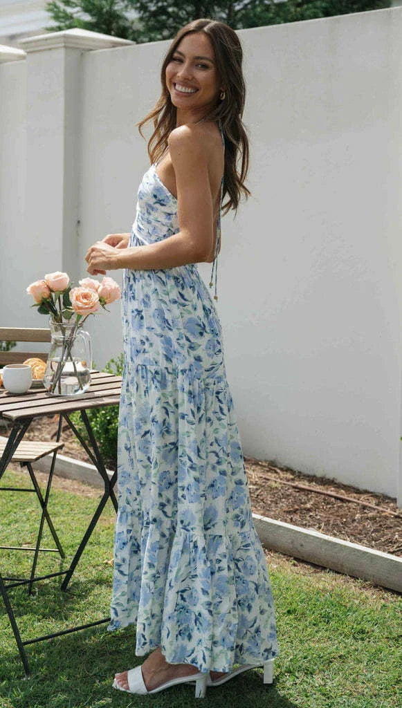 Chiffon V-neck Sleeveless Long Patchwork Dress in blue and orange colours, featuring a flowing silhouette and unique patchwork design