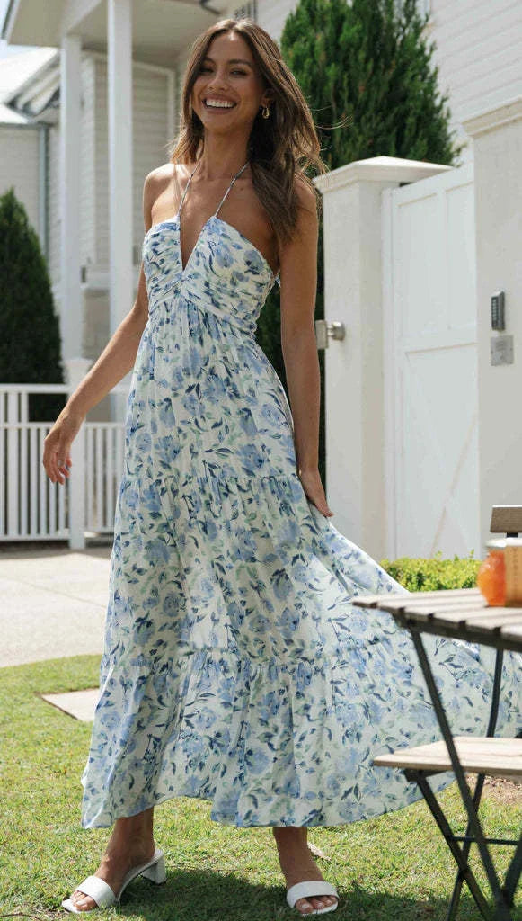 Chiffon V-neck Sleeveless Long Patchwork Dress in blue and orange colours, featuring a flowing silhouette and unique patchwork design