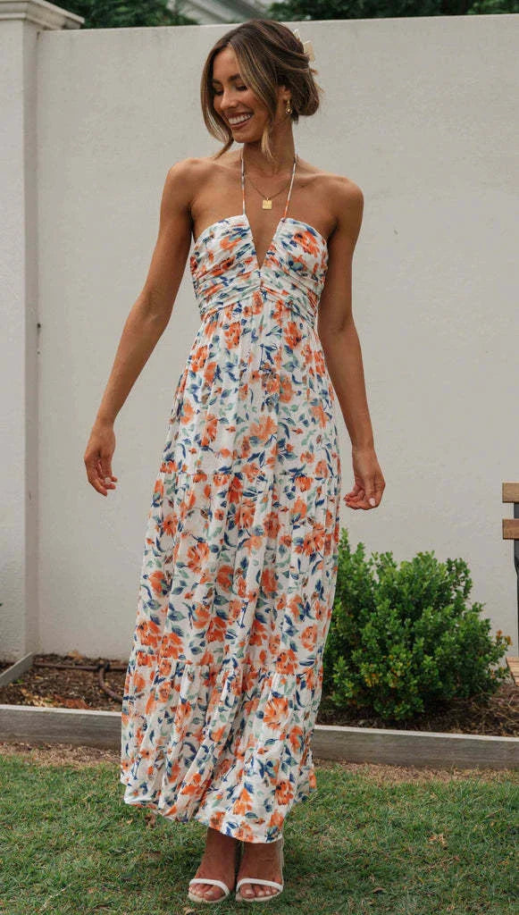 Chiffon V-neck Sleeveless Long Patchwork Dress in blue and orange colours, featuring a flowing silhouette and unique patchwork design