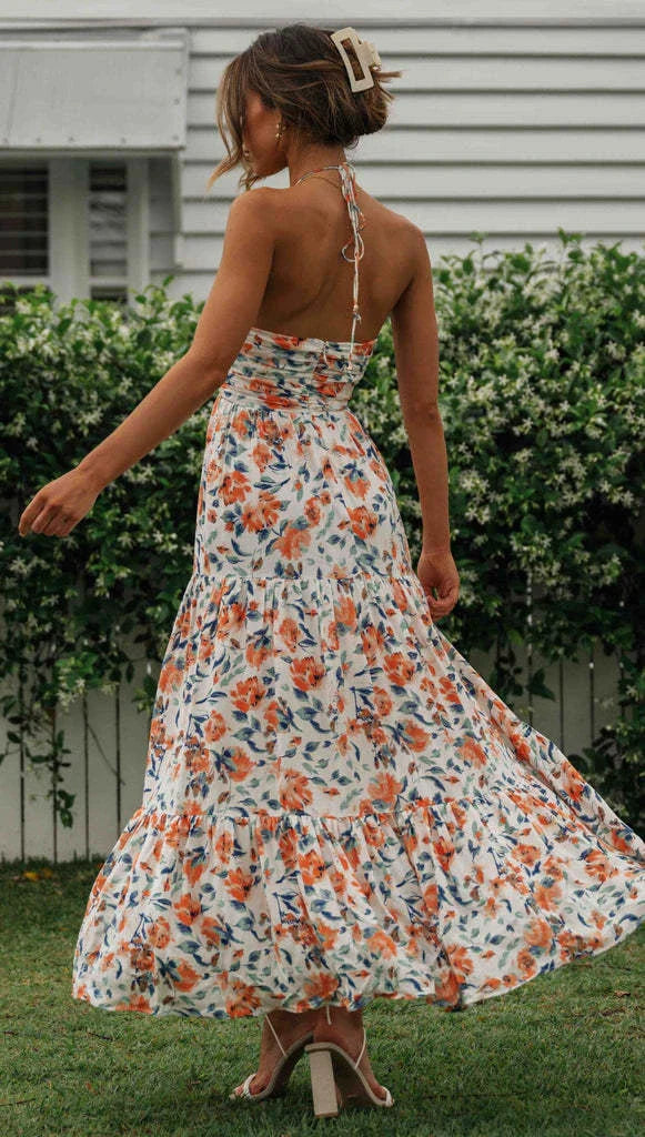 Chiffon V-neck Sleeveless Long Patchwork Dress in blue and orange colours, featuring a flowing silhouette and unique patchwork design