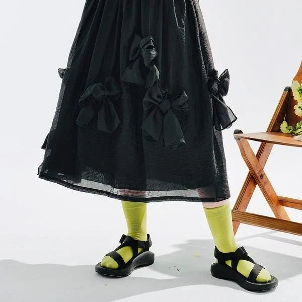 Homeenjoy_UK Chic Black Bow A-Line Midi Skirt
