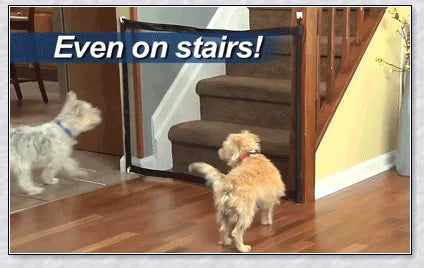 High-quality indoor retractable dog gate mesh in two size options, designed to keep pets and children safe in the home