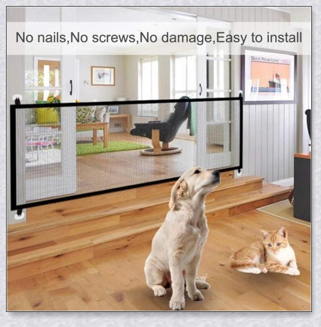 High-quality indoor retractable dog gate mesh in two size options, designed to keep pets and children safe in the home