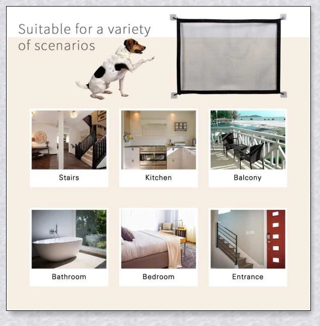 High-quality indoor retractable dog gate mesh in two size options, designed to keep pets and children safe in the home