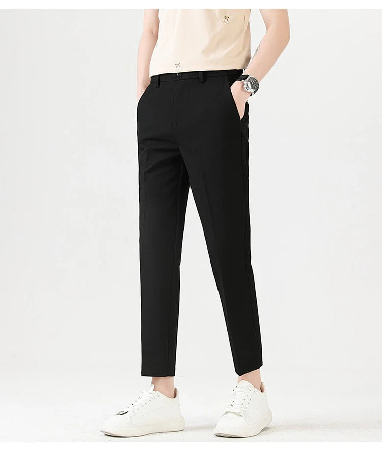 Light Luxury Men's Casual Small Trousers in various colours and sizes, featuring a stretch, pencil-leg design for a tailored, refined look.