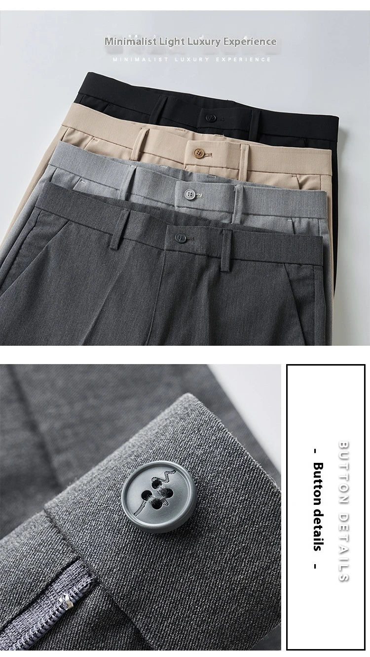 Light Luxury Men's Casual Small Trousers in various colours and sizes, featuring a stretch, pencil-leg design for a tailored, refined look.