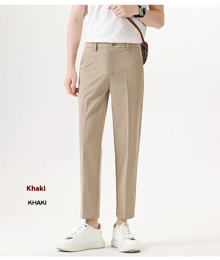Light Luxury Men's Casual Small Trousers in various colours and sizes, featuring a stretch, pencil-leg design for a tailored, refined look.