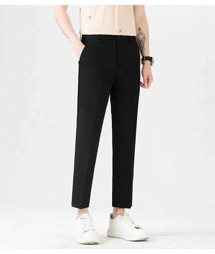 Light Luxury Men's Casual Small Trousers in various colours and sizes, featuring a stretch, pencil-leg design for a tailored, refined look.