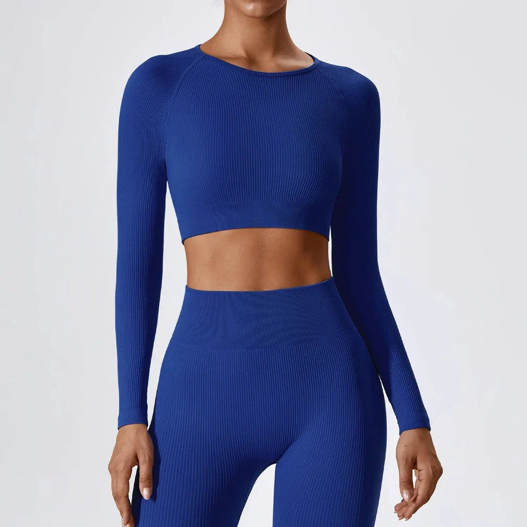 A stylish and comfortable women's ribbed long sleeve yoga crop top in Tiffany Blue colour