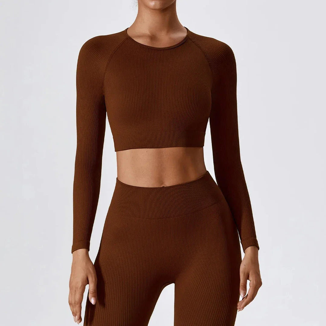 A stylish and comfortable women's ribbed long sleeve yoga crop top in Tiffany Blue colour