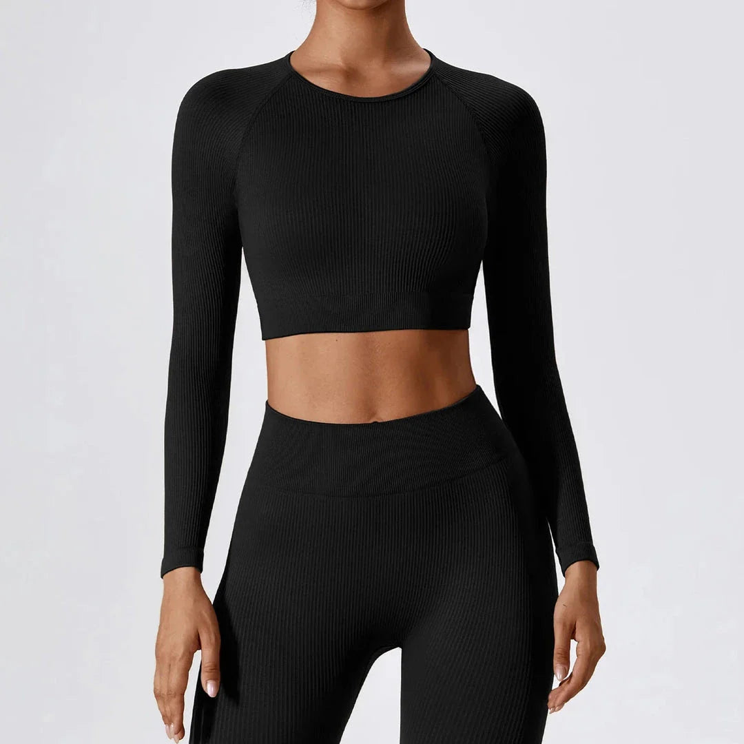 A stylish and comfortable women's ribbed long sleeve yoga crop top in Tiffany Blue colour