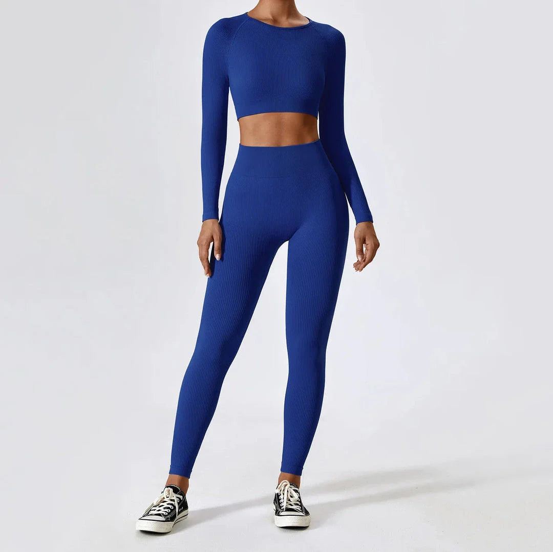 A stylish and comfortable women's ribbed long sleeve yoga crop top in Tiffany Blue colour