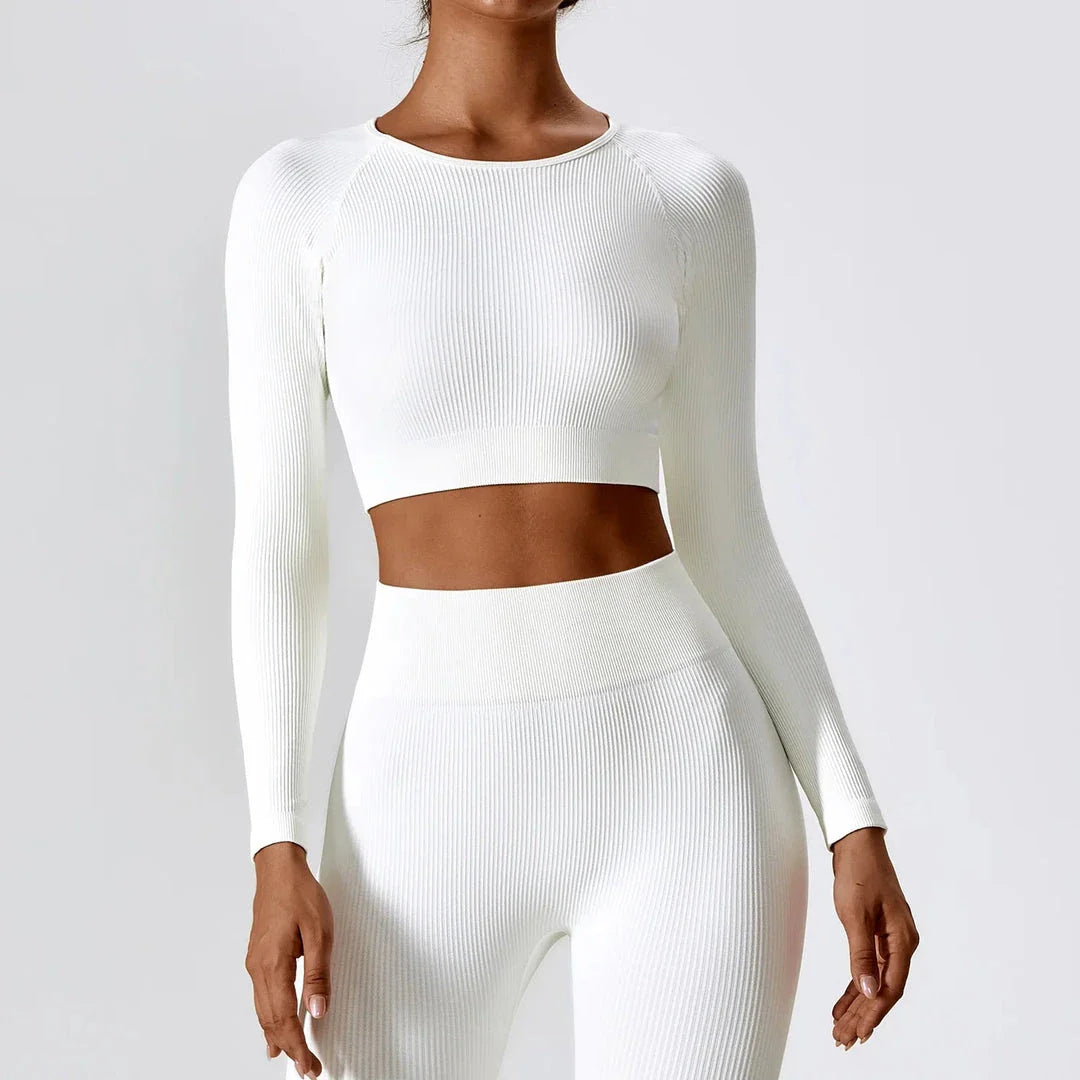 A stylish and comfortable women's ribbed long sleeve yoga crop top in Tiffany Blue colour