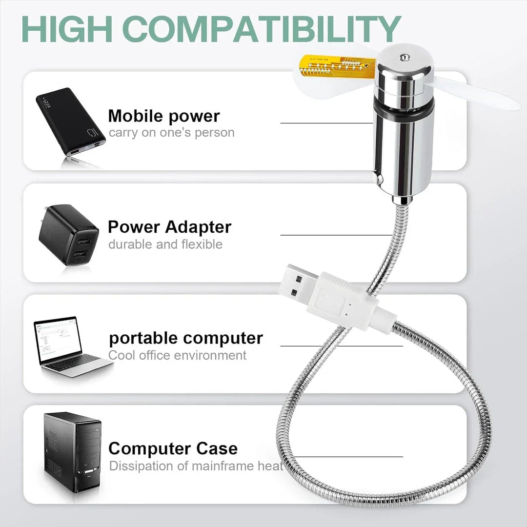 LED Clock USB Mini Fan with Real-Time Display - Sleek silver design, flexible gooseneck, and integrated clock for enhanced workspace productivity