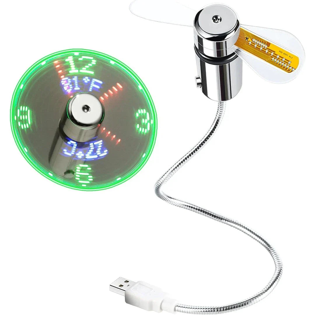 LED Clock USB Mini Fan with Real-Time Display - Sleek silver design, flexible gooseneck, and integrated clock for enhanced workspace productivity