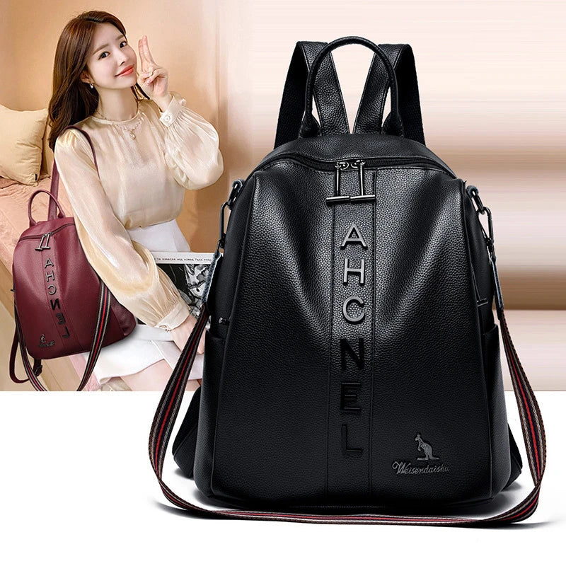Fashionable women's backpack with letter design, large capacity, and soft PU leather construction