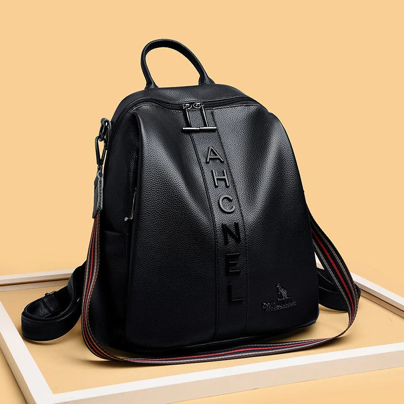Fashionable women's backpack with letter design, large capacity, and soft PU leather construction