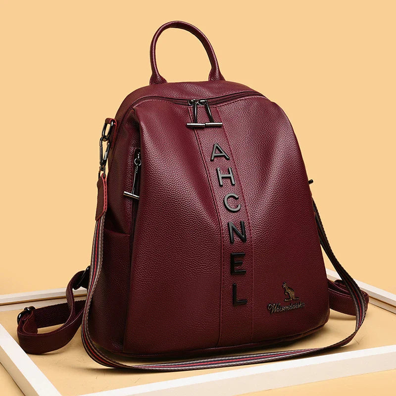 Fashionable women's backpack with letter design, large capacity, and soft PU leather construction