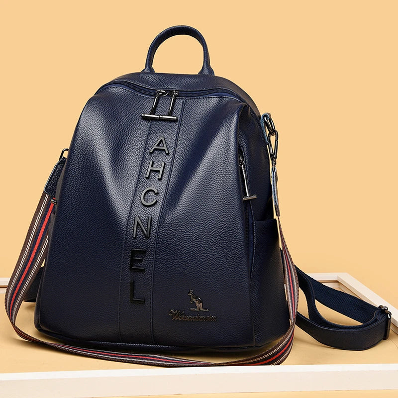 Fashionable women's backpack with letter design, large capacity, and soft PU leather construction