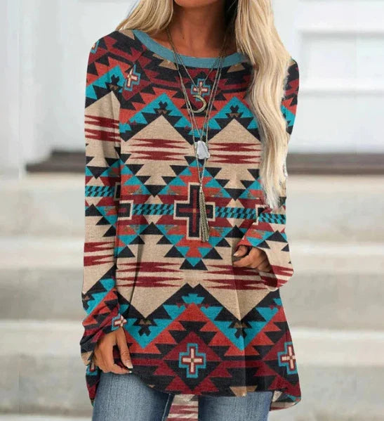 A long t-shirt dress in a retro ethnic style, featuring a round neckline and mid-waist silhouette for a flattering fit.