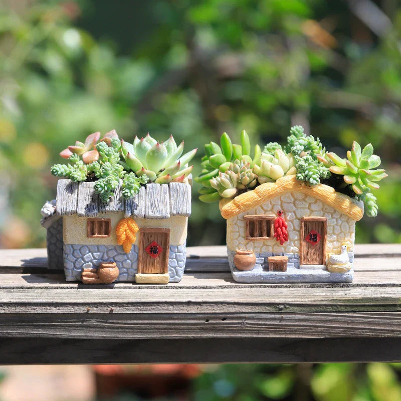 Enchanting vintage-style resin planter with hand-painted farmhouse-inspired animal motifs
