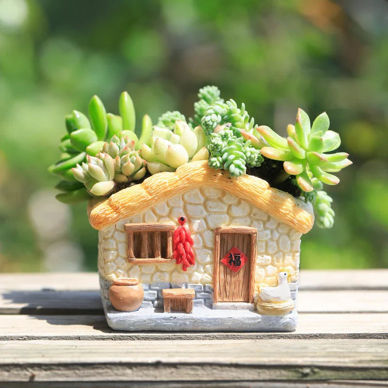 Enchanting vintage-style resin planter with hand-painted farmhouse-inspired animal motifs