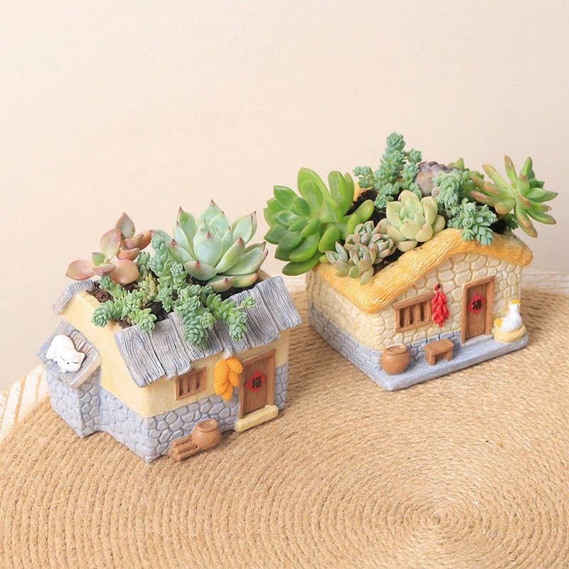 Enchanting vintage-style resin planter with hand-painted farmhouse-inspired animal motifs
