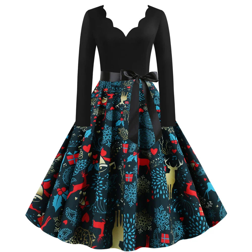 Casual women's long sleeve printed v-neck dress in various colours and styles